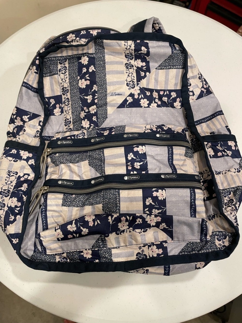 Le Sportsac Essential Function Patchwork Backpack Blue White Floral Zip Pockets